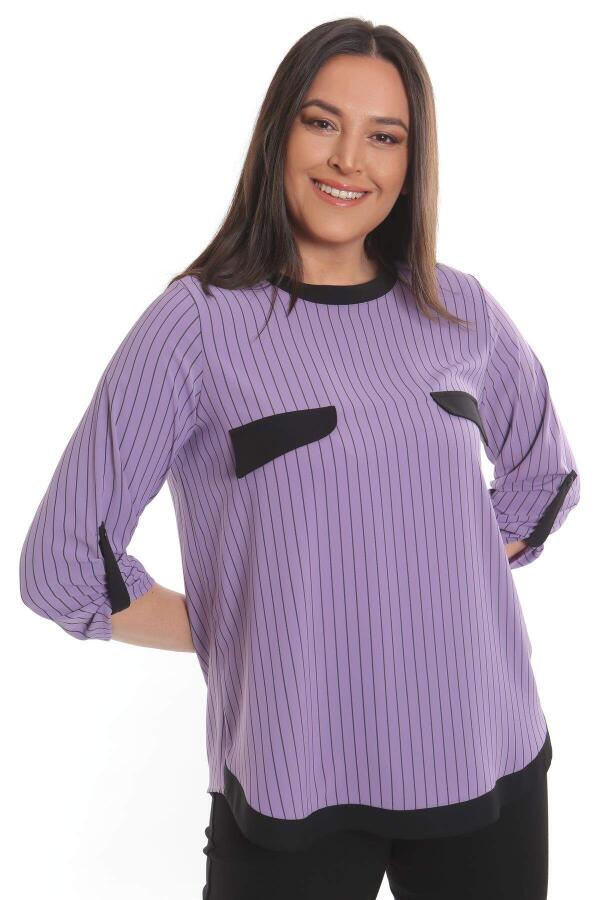 Plus Size Lilac Patterned Crepe Blouse with Buttons on the Back - 3