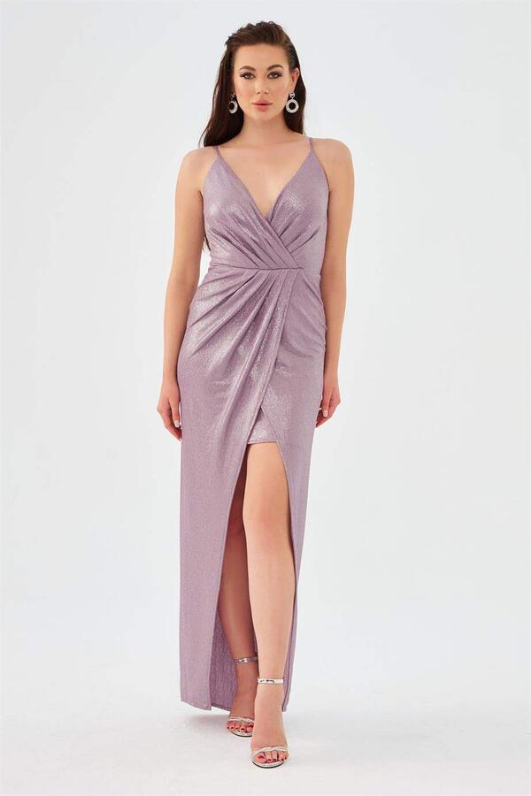 Lavender Lacquered Chiffon Double Breasted Slit Evening Dress - 1