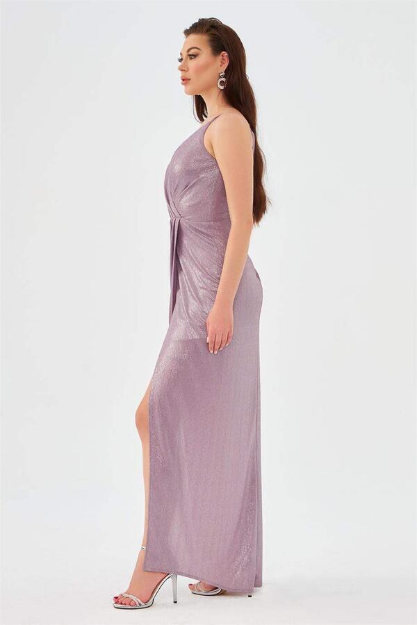Lavender Lacquered Chiffon Double Breasted Slit Evening Dress - 3