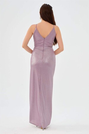Lavender Lacquered Chiffon Double Breasted Slit Evening Dress - 4