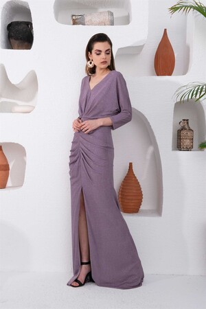 Lavender Glitter Slit Long Evening Dress - 1