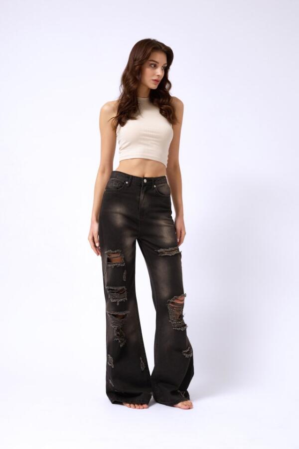 Lazer Kesim Wide Leg Yüksek Bel Jean - 1