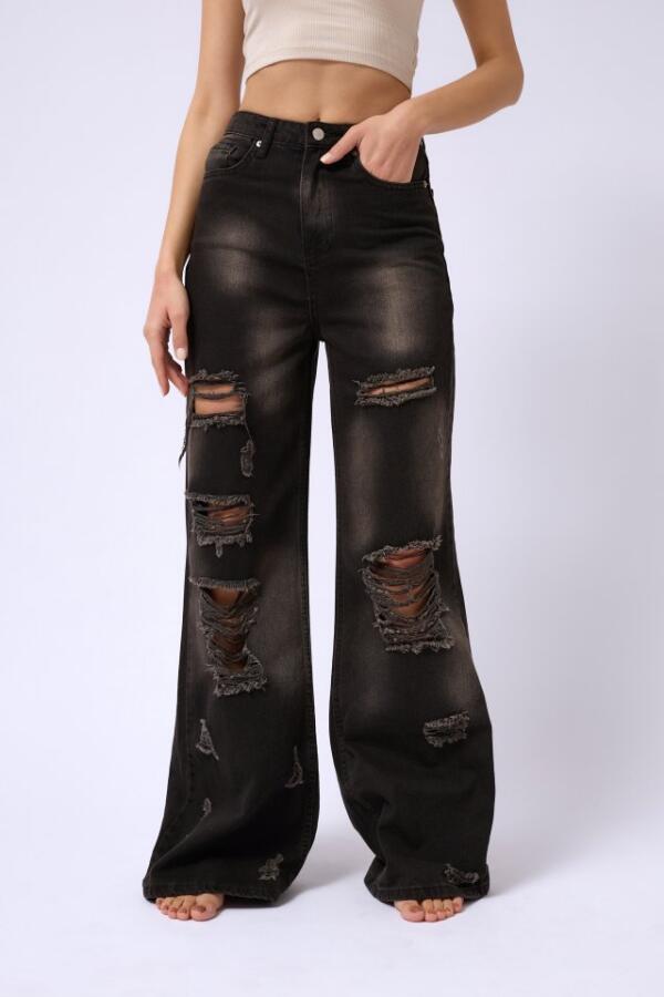 Lazer Kesim Wide Leg Yüksek Bel Jean - 4