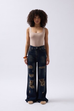 Lazer Kesim Wide Leg Yüksek Bel Jean - 1