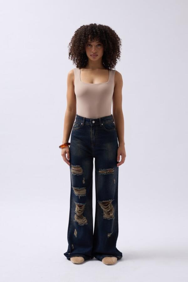 Lazer Kesim Wide Leg Yüksek Bel Jean - 1