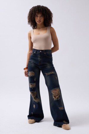 Lazer Kesim Wide Leg Yüksek Bel Jean - 2