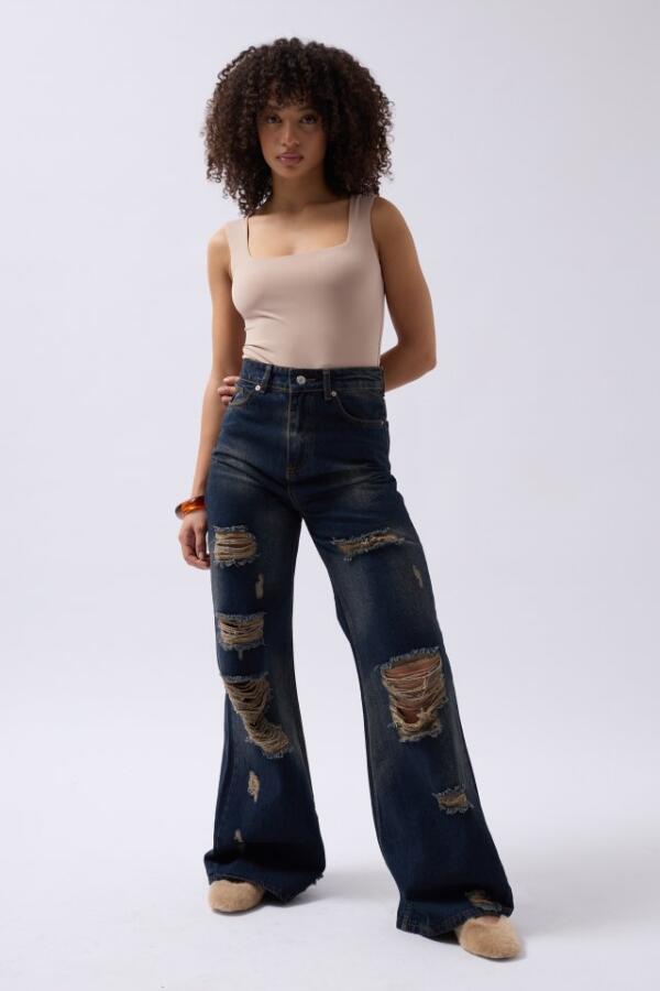 Lazer Kesim Wide Leg Yüksek Bel Jean - 2