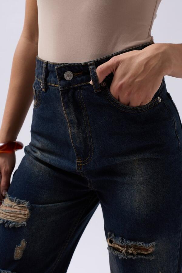 Lazer Kesim Wide Leg Yüksek Bel Jean - 4