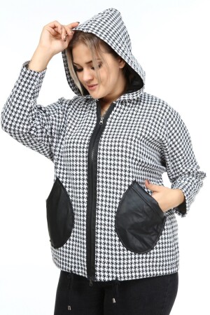 Leather Garnished Houndstooth Plus Size Coat Black - 1