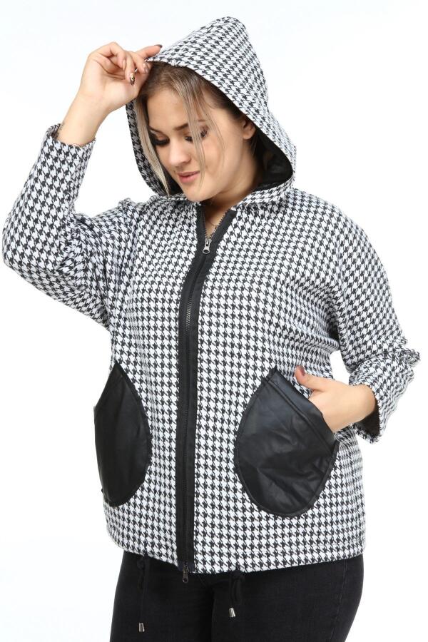 Leather Garnished Houndstooth Plus Size Coat Black - 1