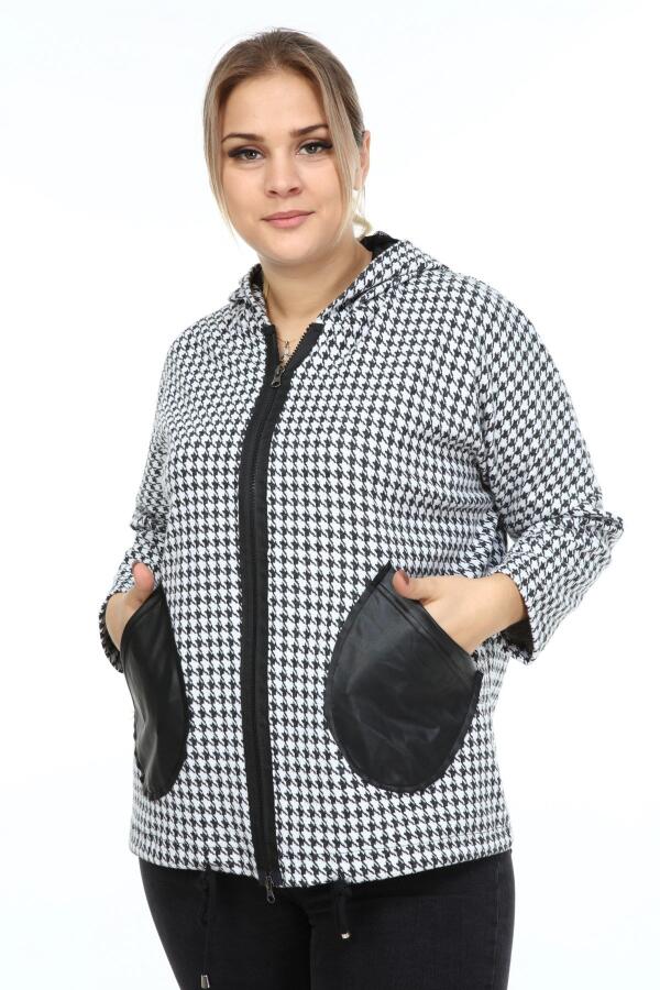 Leather Garnished Houndstooth Plus Size Coat Black - 2