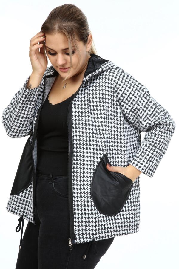 Leather Garnished Houndstooth Plus Size Coat Black - 3
