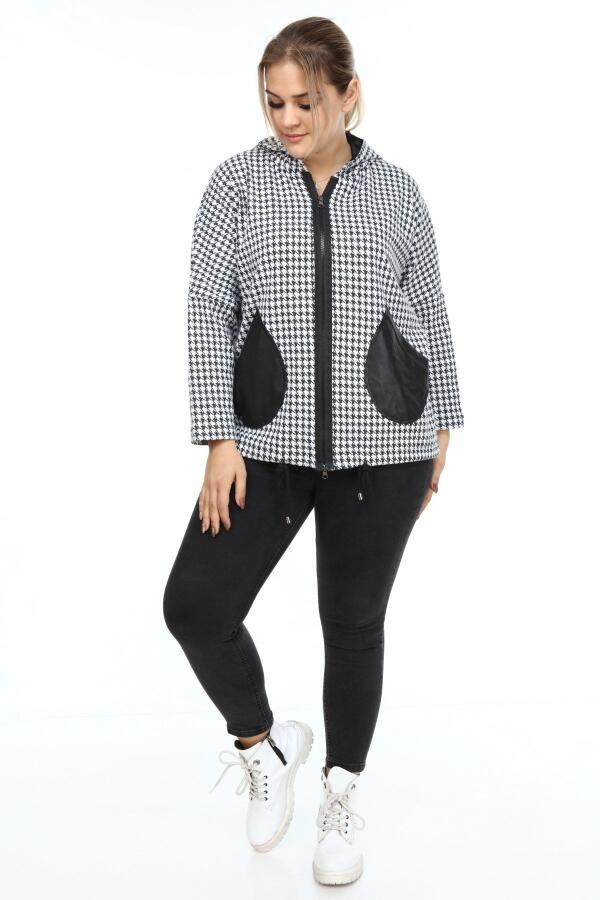 Leather Garnished Houndstooth Plus Size Coat Black - 4