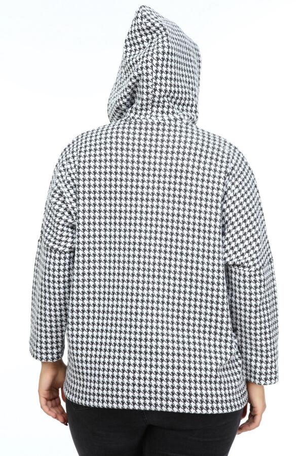 Leather Garnished Houndstooth Plus Size Coat Black - 5