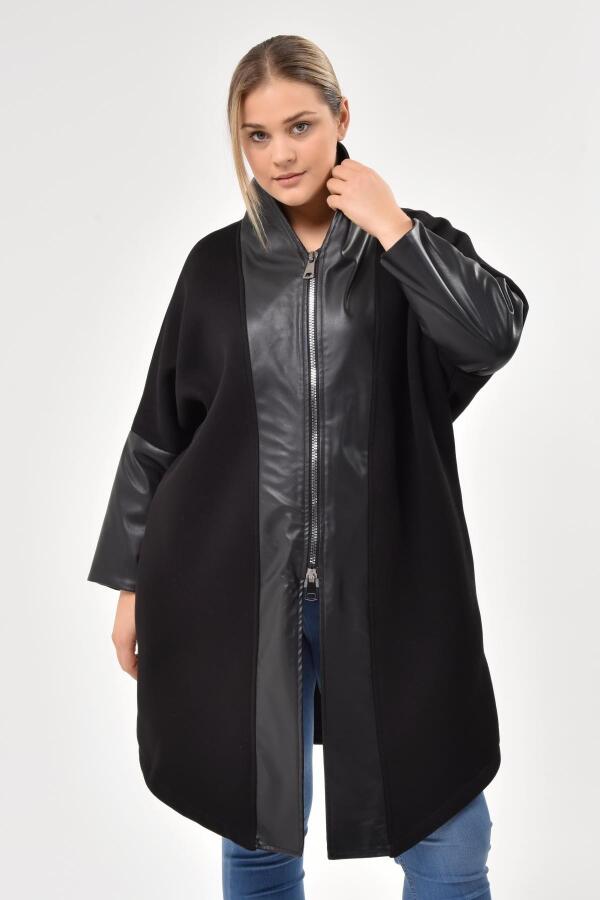 Leather Patchwork Plus Size Coat Black - 1