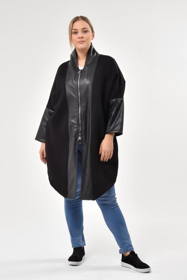 Leather Patchwork Plus Size Coat Black - 2