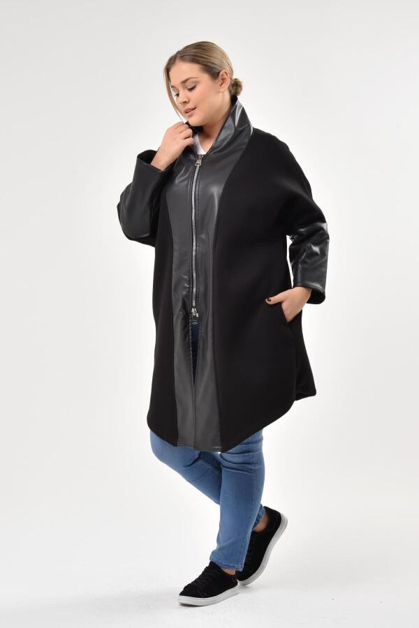 Leather Patchwork Plus Size Coat Black - 4