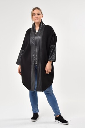 Leather Patchwork Plus Size Coat Black - 1
