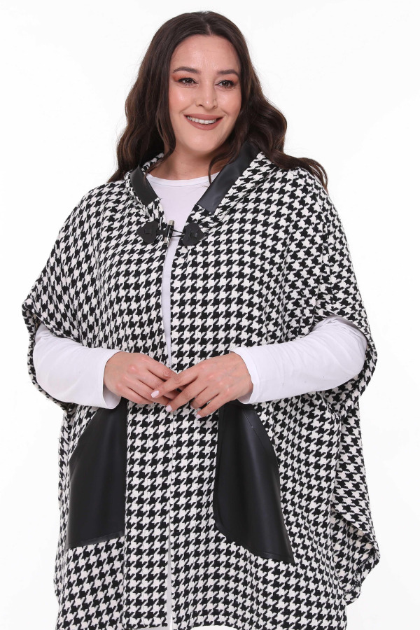 Houndstooth Poncho with Leather Pocket Black-White - 1
