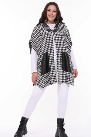 Houndstooth Poncho with Leather Pocket Black-White - 2
