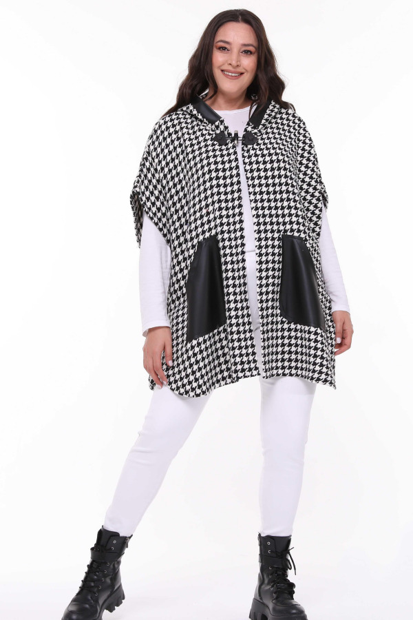 Houndstooth Poncho with Leather Pocket Black-White - 2