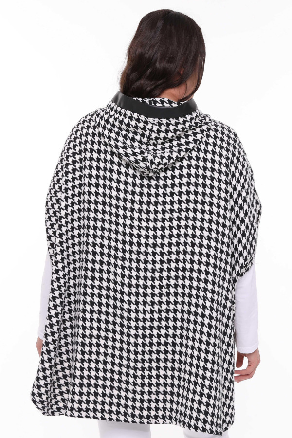 Houndstooth Poncho with Leather Pocket Black-White - 4