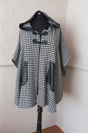 Houndstooth Poncho with Leather Pocket Black-White - 1