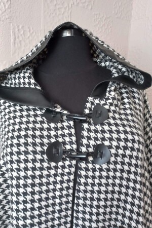 Houndstooth Poncho with Leather Pocket Black-White - 2