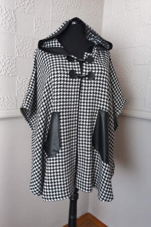 Houndstooth Poncho with Leather Pocket Black-White - 3