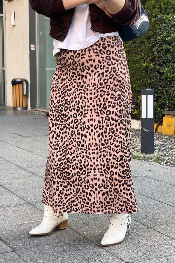Leopar Desen Büyük Beden Etek Vizon - 4
