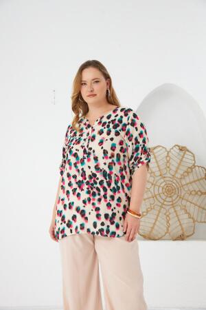 Leopar Desenli Büyük Beden Bluz Fuşya - RMG (1)