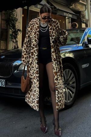 Leopar Desenli İçi Astarlı Peluş Kaban 7065 - 2