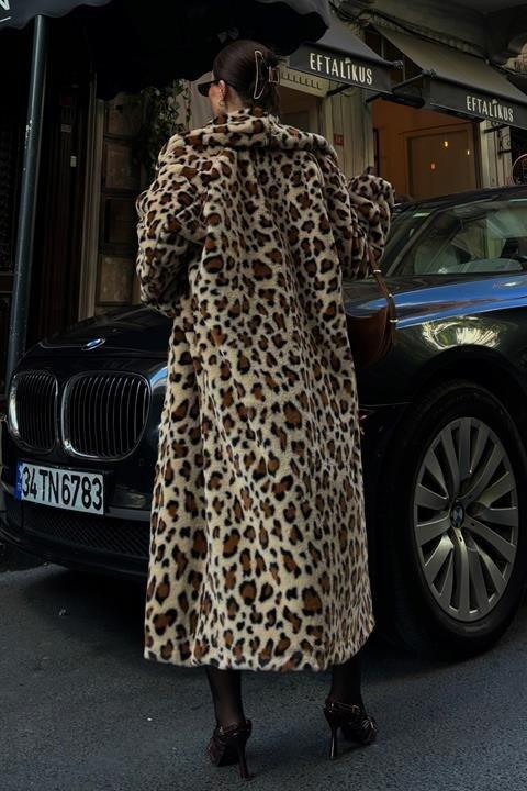 Leopar Desenli İçi Astarlı Peluş Kaban 7065 - 5