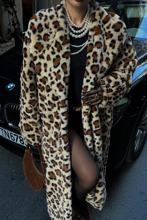 Leopar Desenli İçi Astarlı Peluş Kaban 7065 - 6