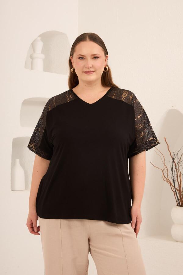 Leopar File Garnili Kadın Büyük Beden Tişört Siyah - 1