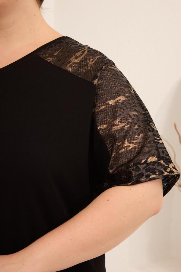 Leopar File Garnili Kadın Büyük Beden Tişört Siyah - 2