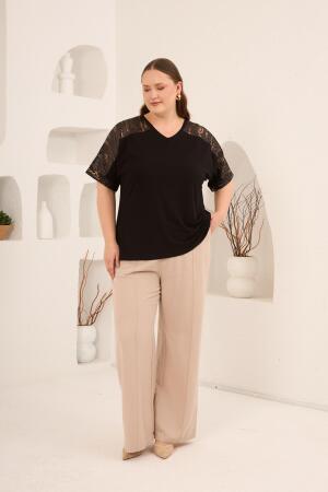 Leopar File Garnili Kadın Büyük Beden Tişört Siyah - 5