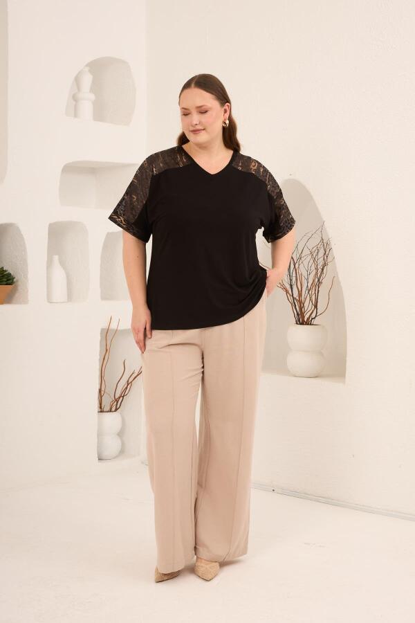 Leopar File Garnili Kadın Büyük Beden Tişört Siyah - 5