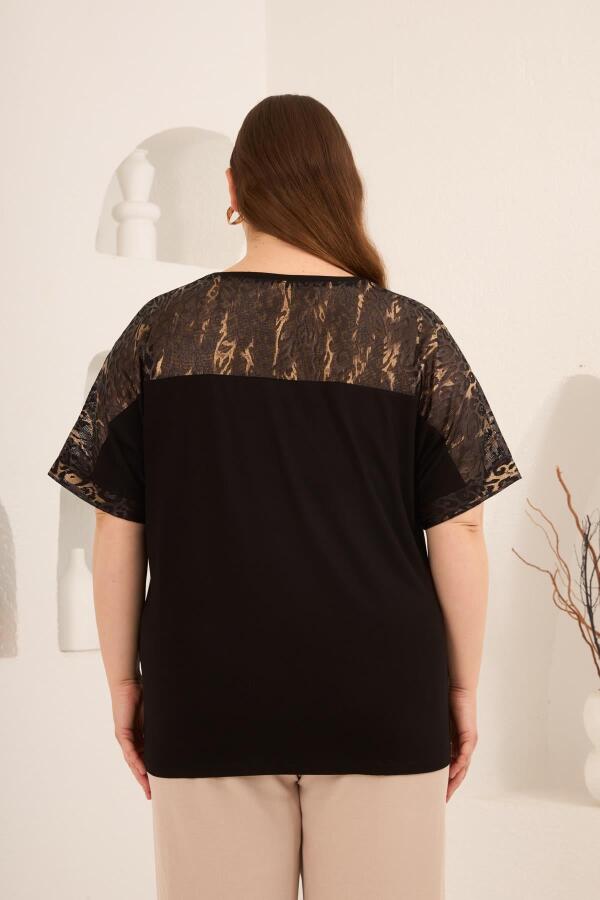 Leopar File Garnili Kadın Büyük Beden Tişört Siyah - 6