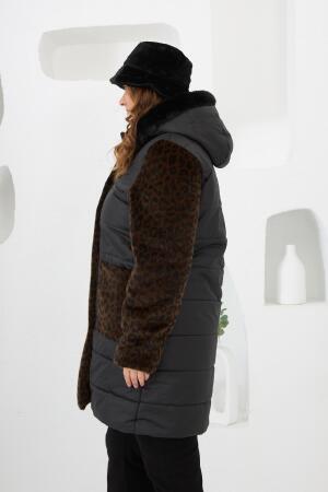 Leopar Garnili Büyük Beden Kapitone Kaban Siyah - 3