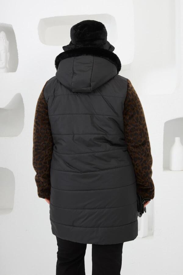 Leopar Garnili Büyük Beden Kapitone Kaban Siyah - 5