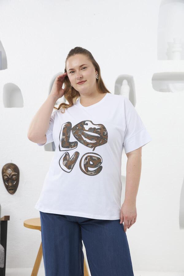 Love Taş Baskılı Büyük Beden Tişört Beyaz - 1