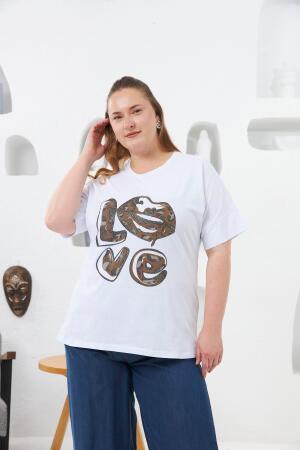 Love Taş Baskılı Büyük Beden Tişört Beyaz - RMG