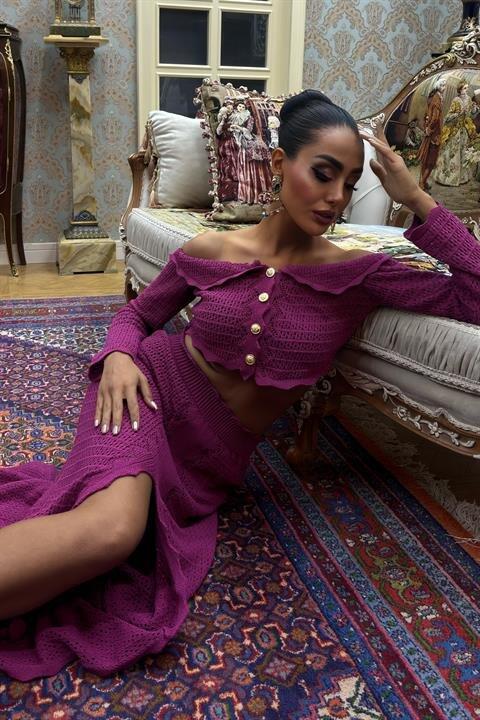 Madonna Yaka Derin Yırtmaç Etekli Şık Triko Takım 10099 - 8