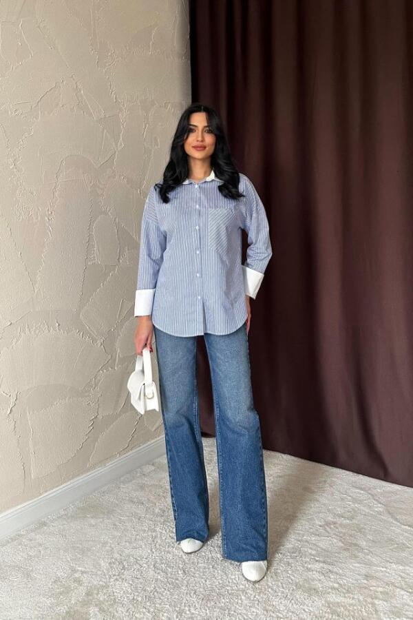 Mavi Çizgili Poplin Uzun Kol Gömlek - 1