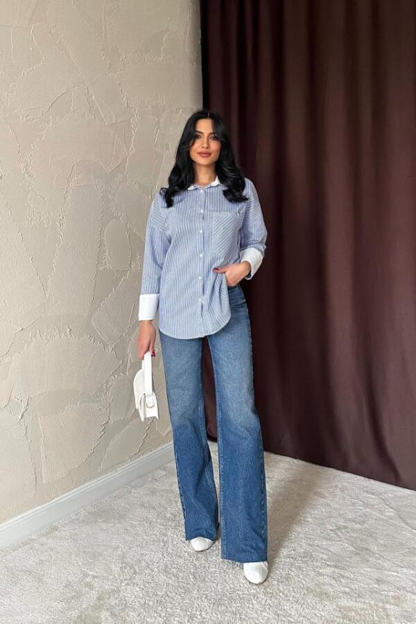 Mavi Çizgili Poplin Uzun Kol Gömlek - 2