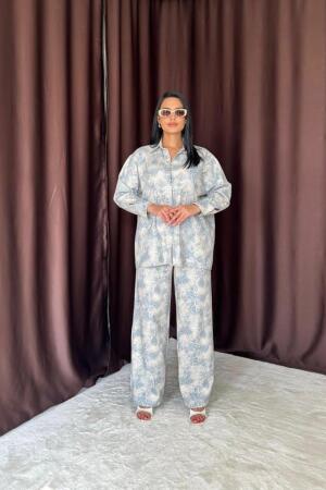 Mavi Leopar Desenli Ceket Ve Pantolon Keten Takım - ANGELINO BuyukBedeniz