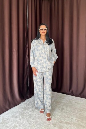 Mavi Leopar Desenli Ceket Ve Pantolon Keten Takım - 2
