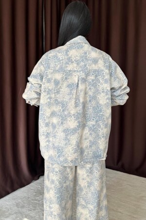 Mavi Leopar Desenli Ceket Ve Pantolon Keten Takım - 4