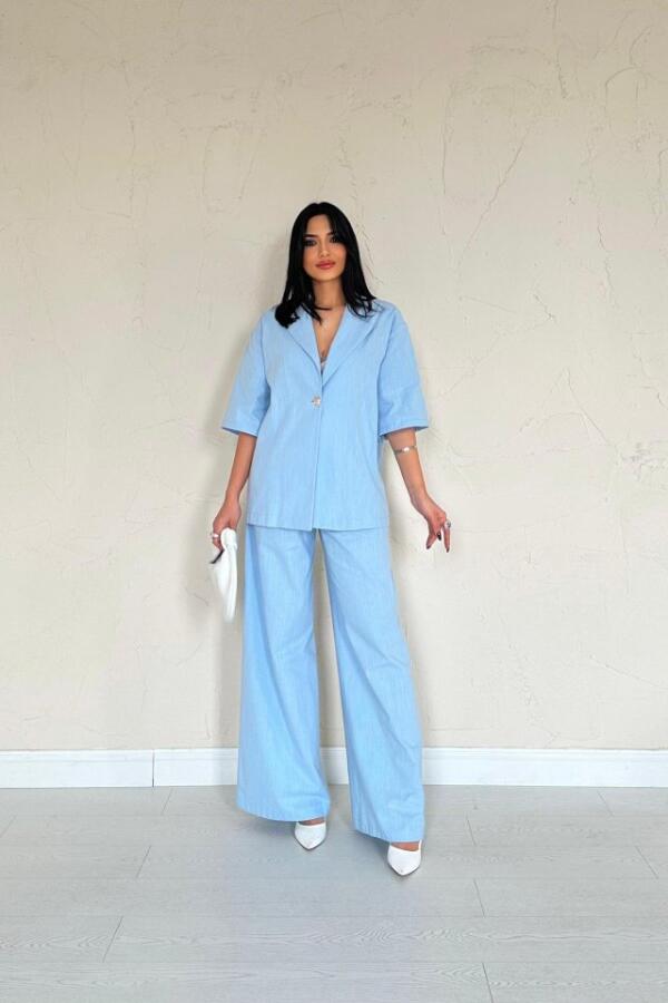 Mavi Önü Tek Düğmeli Ceket Pantolon Takım - 1